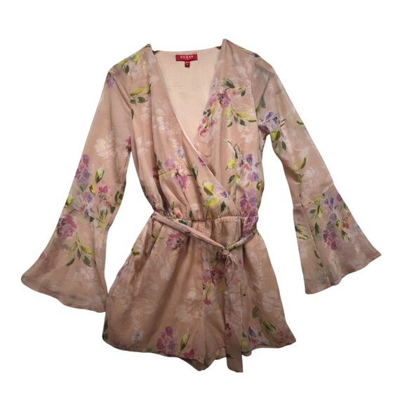 Guess Womens Floral Wrap Darla Belted Romper Size M Multicolor Bell Sleeves Chic - Picture 2 of 15